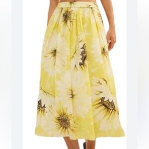 H&M 100% Cotton Flowy Midi Sunflower Print Yellow A-Line Pull-On Skirt XS